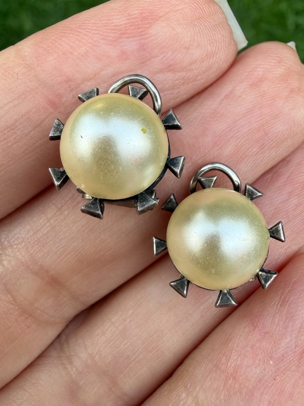 Vintage VID Signed Faux Pearl Crown Spike Clip On Earrings Mid Century Modern 50